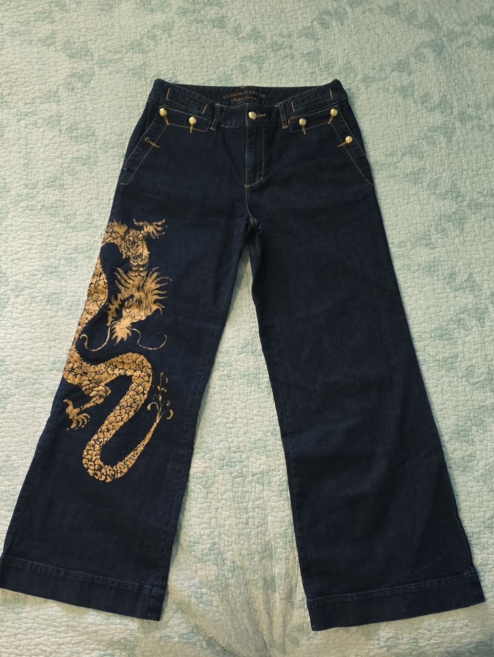 Lauren Jean Dark Blue Wide-Leg Jeans with Gold Dragon Print